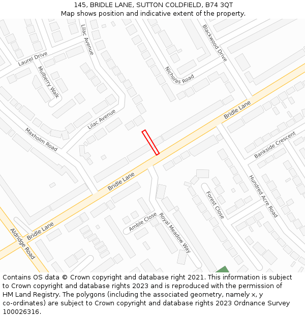 145, BRIDLE LANE, SUTTON COLDFIELD, B74 3QT: Location map and indicative extent of plot