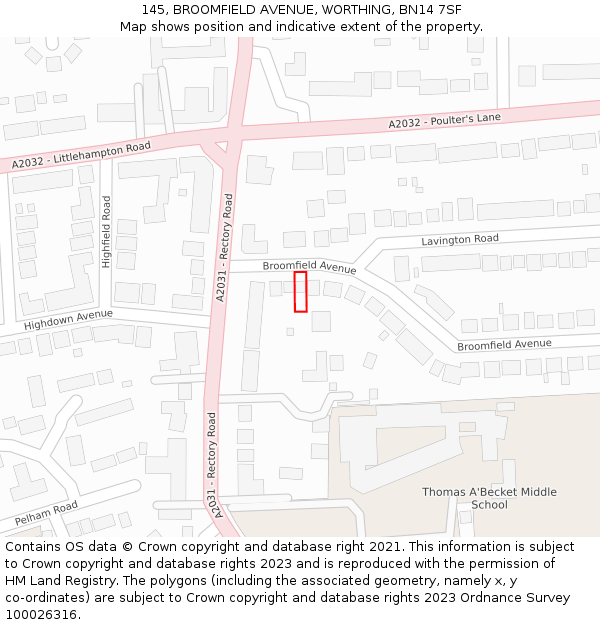 145, BROOMFIELD AVENUE, WORTHING, BN14 7SF: Location map and indicative extent of plot