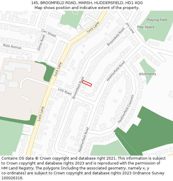 145, BROOMFIELD ROAD, MARSH, HUDDERSFIELD, HD1 4QG: Location map and indicative extent of plot
