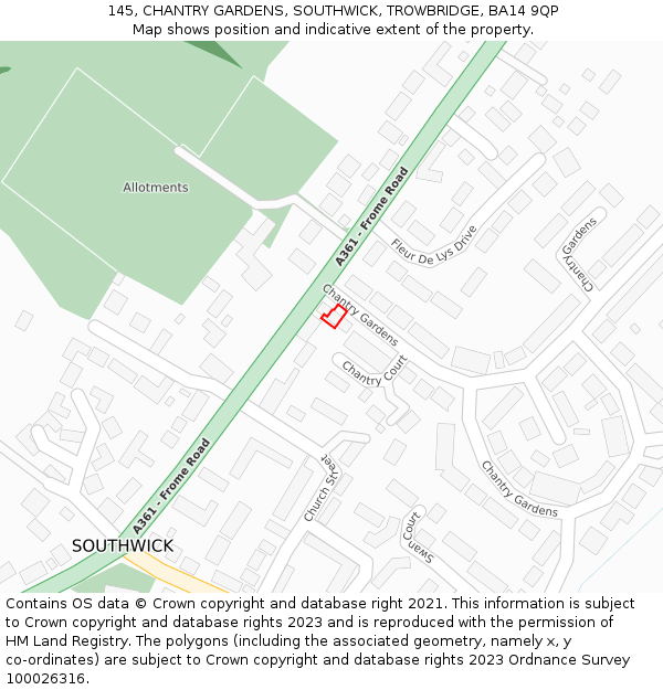 145, CHANTRY GARDENS, SOUTHWICK, TROWBRIDGE, BA14 9QP: Location map and indicative extent of plot
