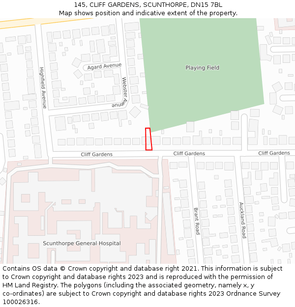 145, CLIFF GARDENS, SCUNTHORPE, DN15 7BL: Location map and indicative extent of plot