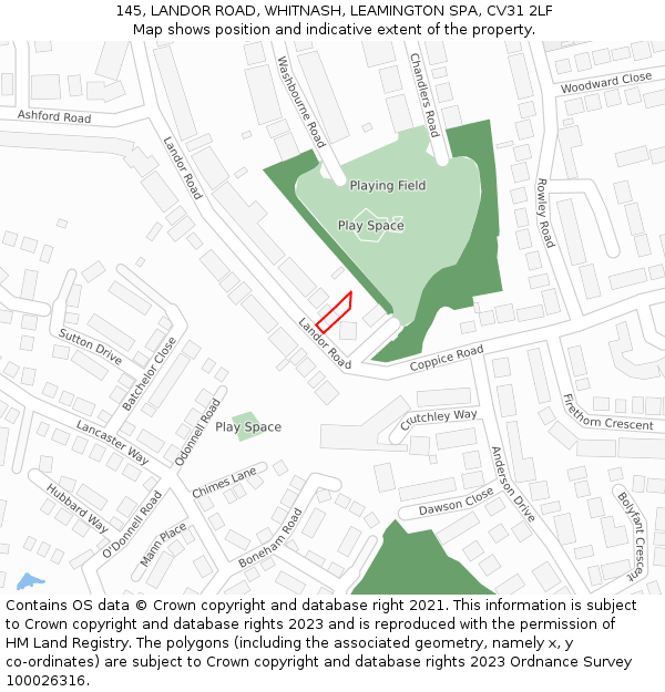 145, LANDOR ROAD, WHITNASH, LEAMINGTON SPA, CV31 2LF: Location map and indicative extent of plot