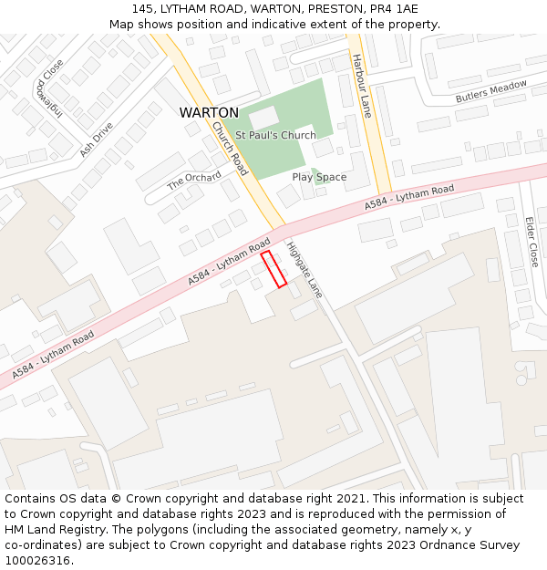 145, LYTHAM ROAD, WARTON, PRESTON, PR4 1AE: Location map and indicative extent of plot