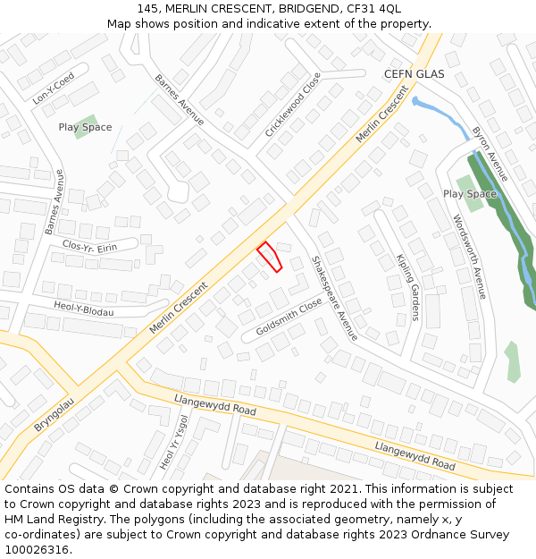 145, MERLIN CRESCENT, BRIDGEND, CF31 4QL: Location map and indicative extent of plot
