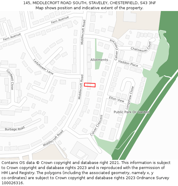 145, MIDDLECROFT ROAD SOUTH, STAVELEY, CHESTERFIELD, S43 3NF: Location map and indicative extent of plot