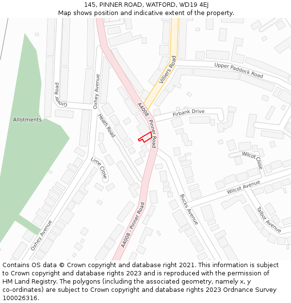 145, PINNER ROAD, WATFORD, WD19 4EJ: Location map and indicative extent of plot