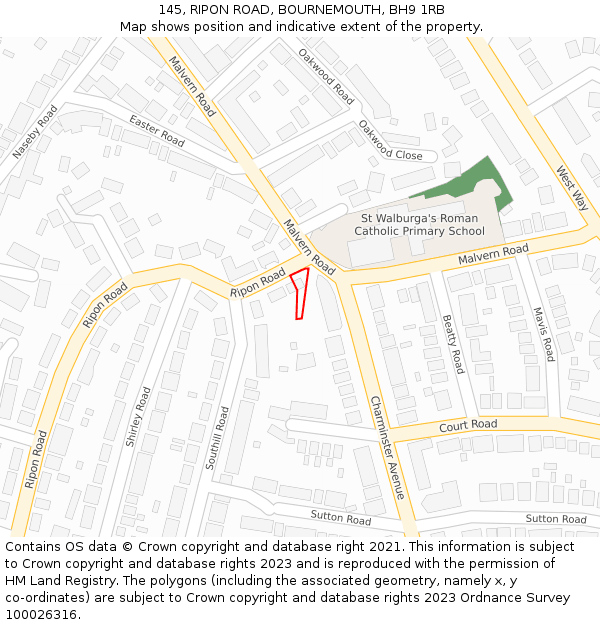 145, RIPON ROAD, BOURNEMOUTH, BH9 1RB: Location map and indicative extent of plot