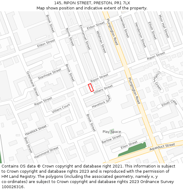 145, RIPON STREET, PRESTON, PR1 7LX: Location map and indicative extent of plot