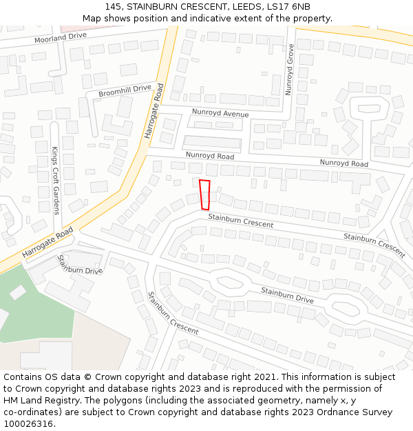 145, STAINBURN CRESCENT, LEEDS, LS17 6NB: Location map and indicative extent of plot