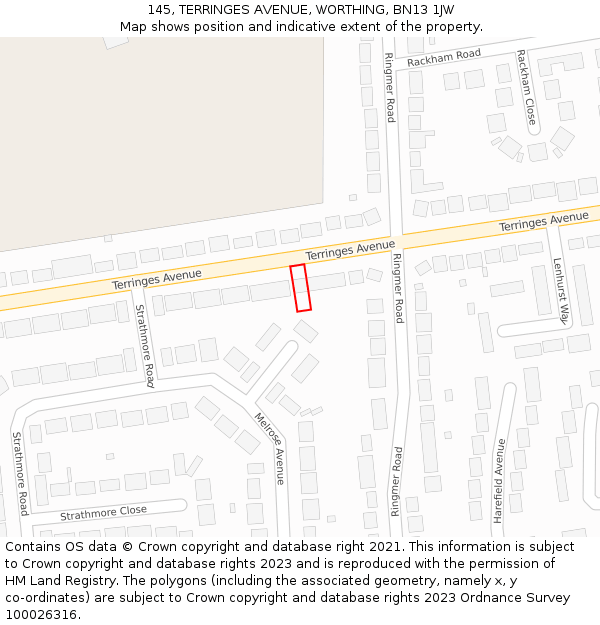 145, TERRINGES AVENUE, WORTHING, BN13 1JW: Location map and indicative extent of plot