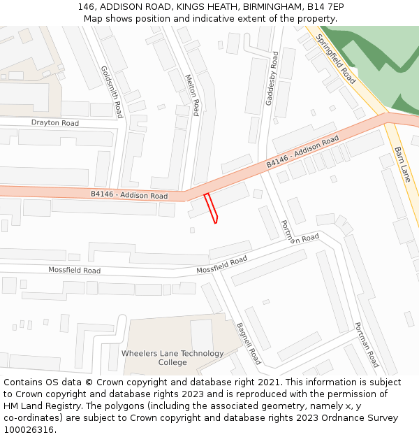 146, ADDISON ROAD, KINGS HEATH, BIRMINGHAM, B14 7EP: Location map and indicative extent of plot