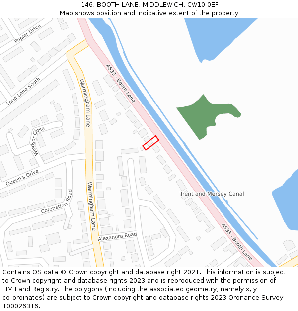 146, BOOTH LANE, MIDDLEWICH, CW10 0EF: Location map and indicative extent of plot