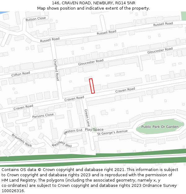 146, CRAVEN ROAD, NEWBURY, RG14 5NR: Location map and indicative extent of plot