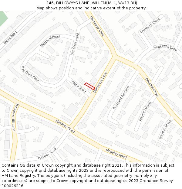 146, DILLOWAYS LANE, WILLENHALL, WV13 3HJ: Location map and indicative extent of plot