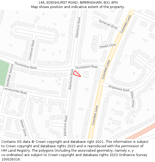 146, EDENHURST ROAD, BIRMINGHAM, B31 4PN: Location map and indicative extent of plot
