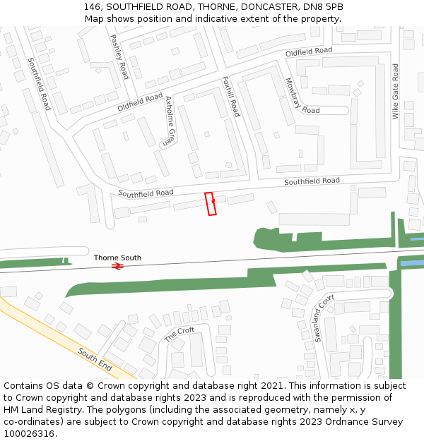 146, SOUTHFIELD ROAD, THORNE, DONCASTER, DN8 5PB: Location map and indicative extent of plot