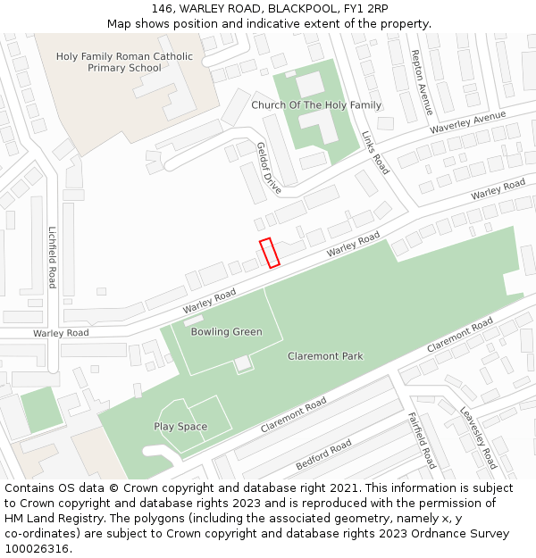 146, WARLEY ROAD, BLACKPOOL, FY1 2RP: Location map and indicative extent of plot