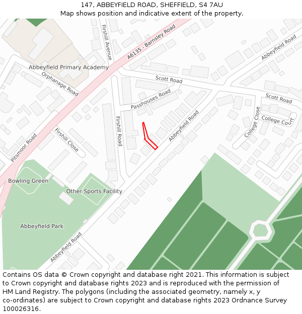 147, ABBEYFIELD ROAD, SHEFFIELD, S4 7AU: Location map and indicative extent of plot