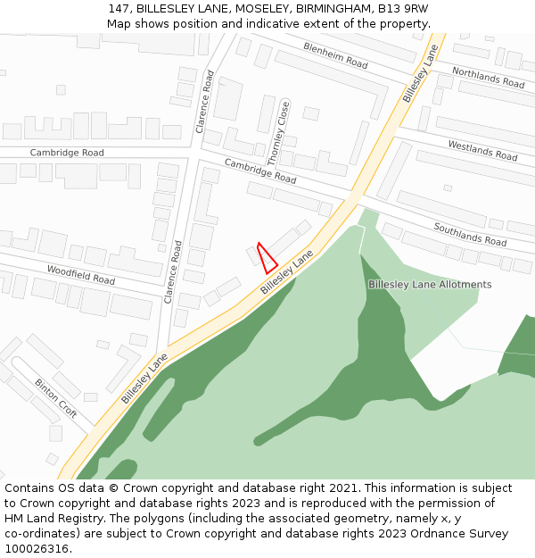 147, BILLESLEY LANE, MOSELEY, BIRMINGHAM, B13 9RW: Location map and indicative extent of plot