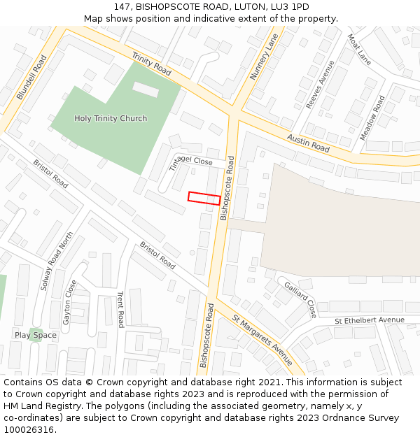 147, BISHOPSCOTE ROAD, LUTON, LU3 1PD: Location map and indicative extent of plot