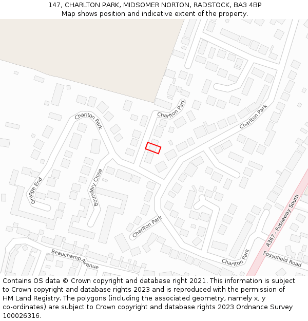 147, CHARLTON PARK, MIDSOMER NORTON, RADSTOCK, BA3 4BP: Location map and indicative extent of plot