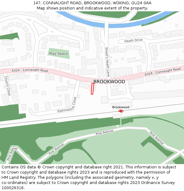 147, CONNAUGHT ROAD, BROOKWOOD, WOKING, GU24 0AA: Location map and indicative extent of plot