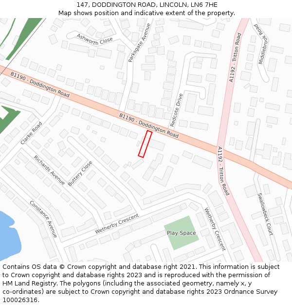 147, DODDINGTON ROAD, LINCOLN, LN6 7HE: Location map and indicative extent of plot