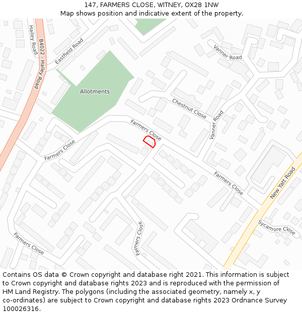 147, FARMERS CLOSE, WITNEY, OX28 1NW: Location map and indicative extent of plot