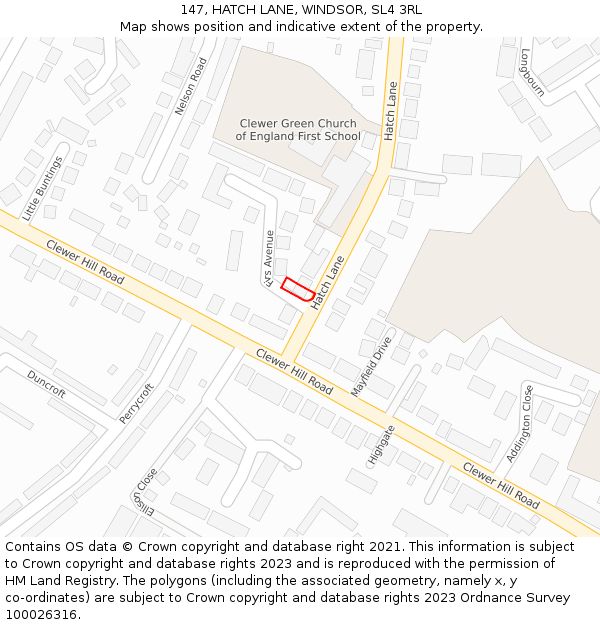 147, HATCH LANE, WINDSOR, SL4 3RL: Location map and indicative extent of plot