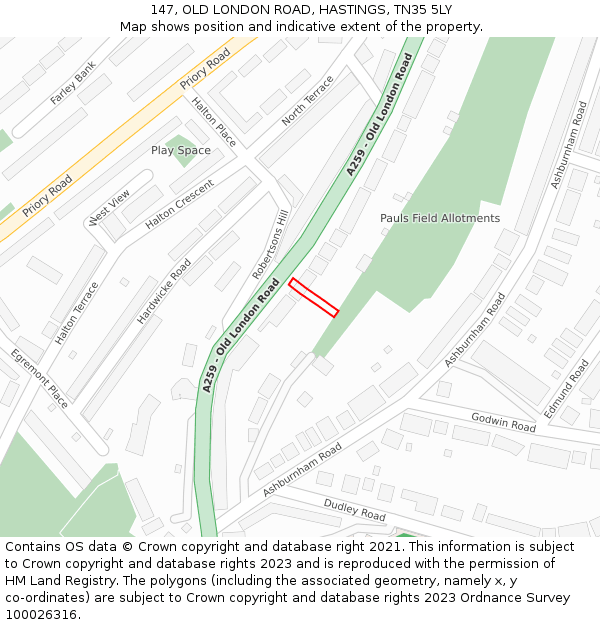 147, OLD LONDON ROAD, HASTINGS, TN35 5LY: Location map and indicative extent of plot