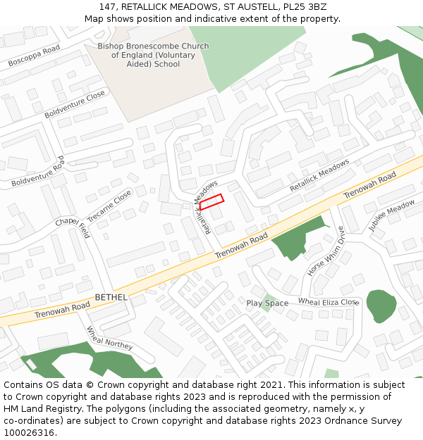 147, RETALLICK MEADOWS, ST AUSTELL, PL25 3BZ: Location map and indicative extent of plot
