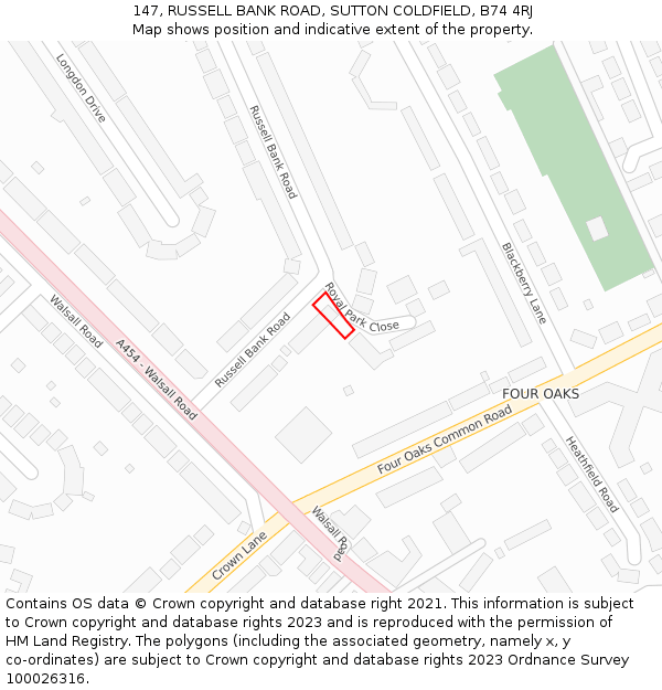 147, RUSSELL BANK ROAD, SUTTON COLDFIELD, B74 4RJ: Location map and indicative extent of plot
