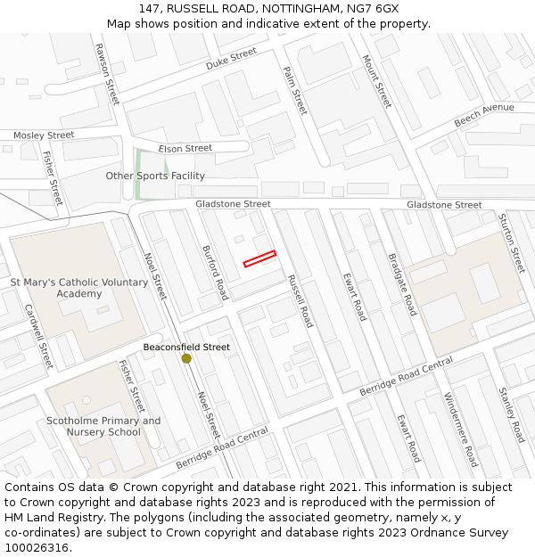 147, RUSSELL ROAD, NOTTINGHAM, NG7 6GX: Location map and indicative extent of plot