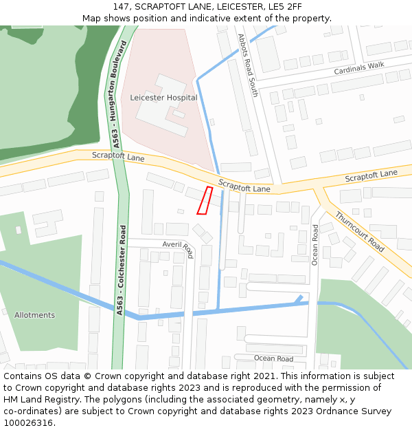 147, SCRAPTOFT LANE, LEICESTER, LE5 2FF: Location map and indicative extent of plot