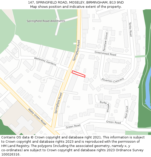 147, SPRINGFIELD ROAD, MOSELEY, BIRMINGHAM, B13 9ND: Location map and indicative extent of plot