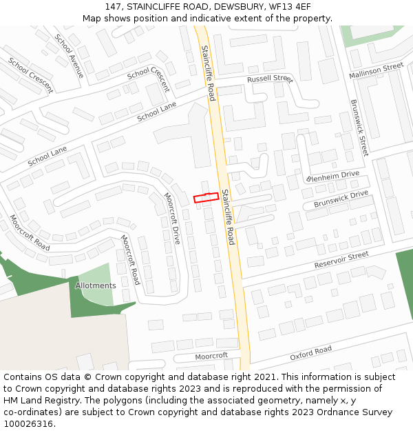 147, STAINCLIFFE ROAD, DEWSBURY, WF13 4EF: Location map and indicative extent of plot