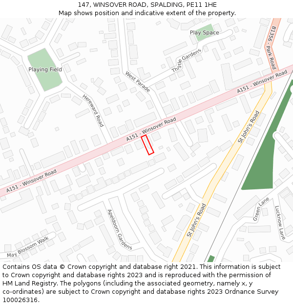 147, WINSOVER ROAD, SPALDING, PE11 1HE: Location map and indicative extent of plot