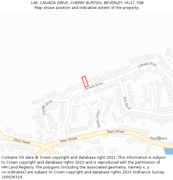 148, CANADA DRIVE, CHERRY BURTON, BEVERLEY, HU17 7SB: Location map and indicative extent of plot