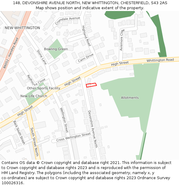 148, DEVONSHIRE AVENUE NORTH, NEW WHITTINGTON, CHESTERFIELD, S43 2AS: Location map and indicative extent of plot