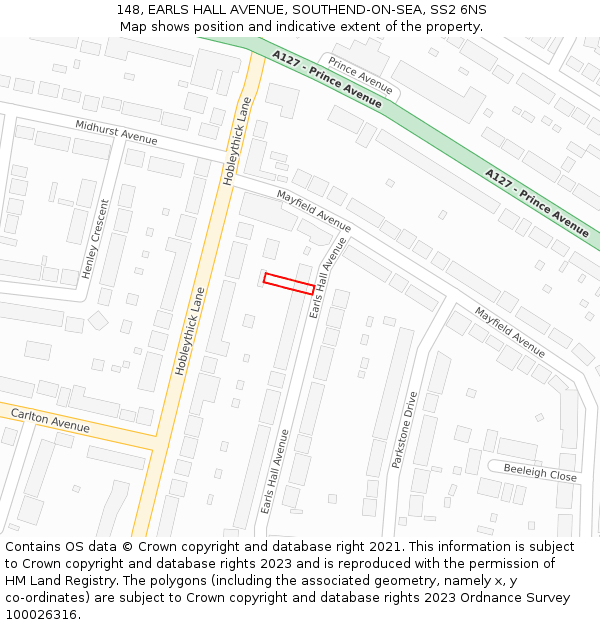 148, EARLS HALL AVENUE, SOUTHEND-ON-SEA, SS2 6NS: Location map and indicative extent of plot