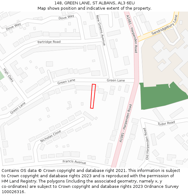 148, GREEN LANE, ST ALBANS, AL3 6EU: Location map and indicative extent of plot