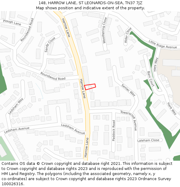 148, HARROW LANE, ST LEONARDS-ON-SEA, TN37 7JZ: Location map and indicative extent of plot