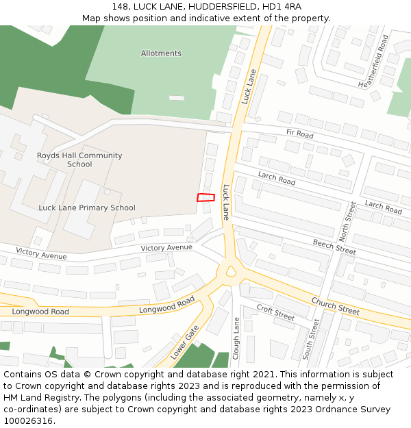 148, LUCK LANE, HUDDERSFIELD, HD1 4RA: Location map and indicative extent of plot