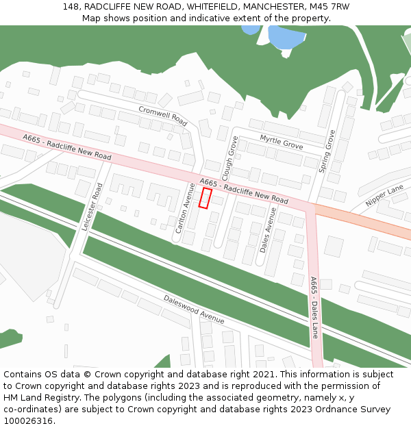 148, RADCLIFFE NEW ROAD, WHITEFIELD, MANCHESTER, M45 7RW: Location map and indicative extent of plot