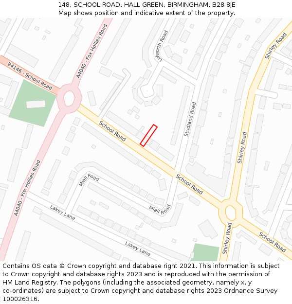 148, SCHOOL ROAD, HALL GREEN, BIRMINGHAM, B28 8JE: Location map and indicative extent of plot