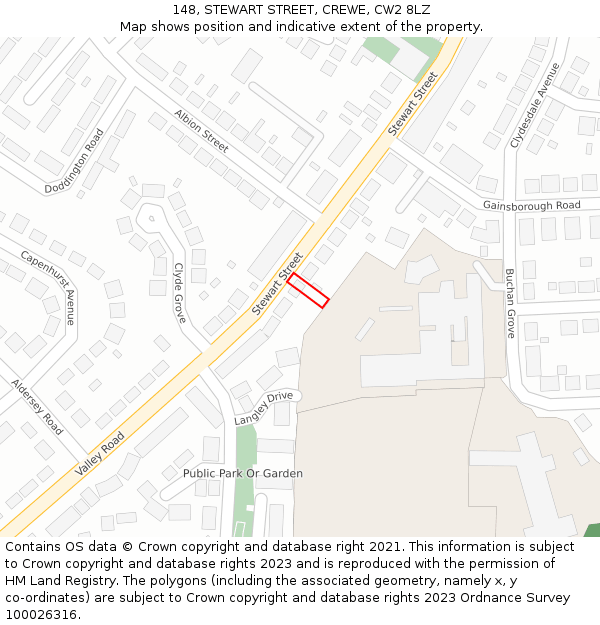 148, STEWART STREET, CREWE, CW2 8LZ: Location map and indicative extent of plot