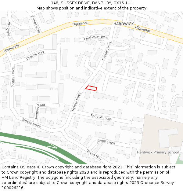148, SUSSEX DRIVE, BANBURY, OX16 1UL: Location map and indicative extent of plot