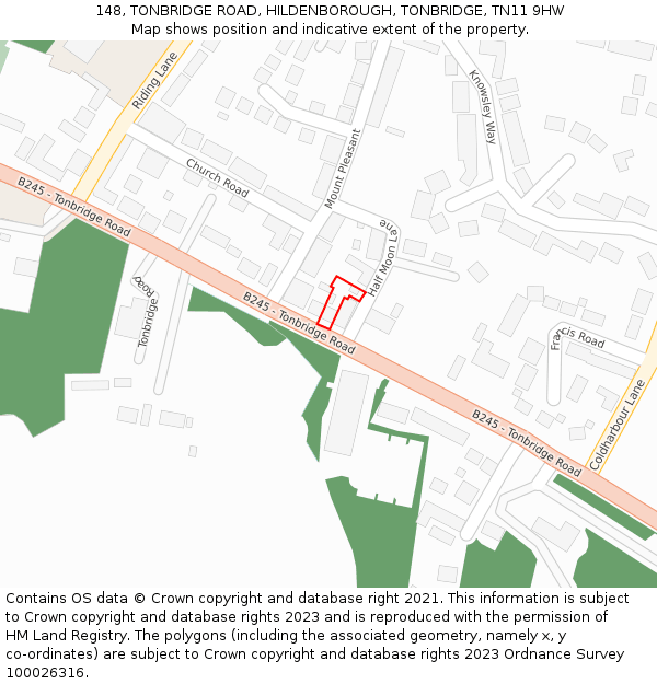 148, TONBRIDGE ROAD, HILDENBOROUGH, TONBRIDGE, TN11 9HW: Location map and indicative extent of plot