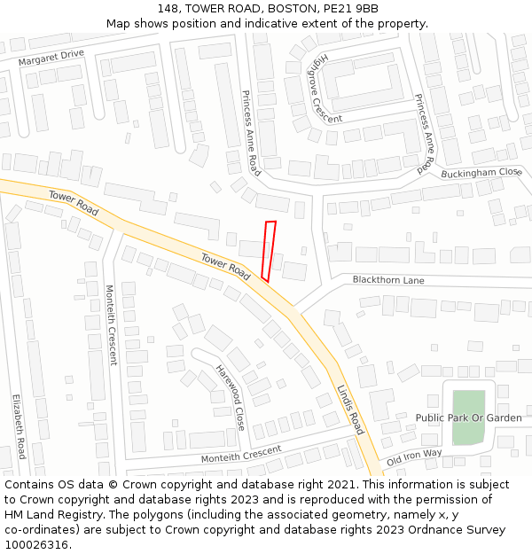 148, TOWER ROAD, BOSTON, PE21 9BB: Location map and indicative extent of plot