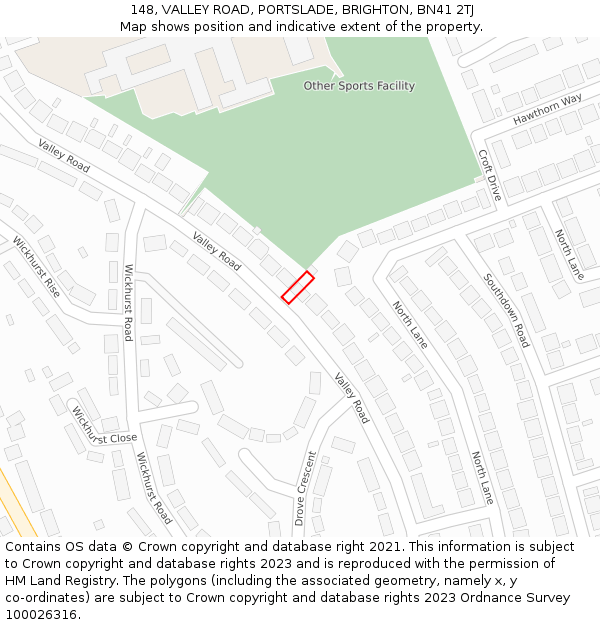 148, VALLEY ROAD, PORTSLADE, BRIGHTON, BN41 2TJ: Location map and indicative extent of plot